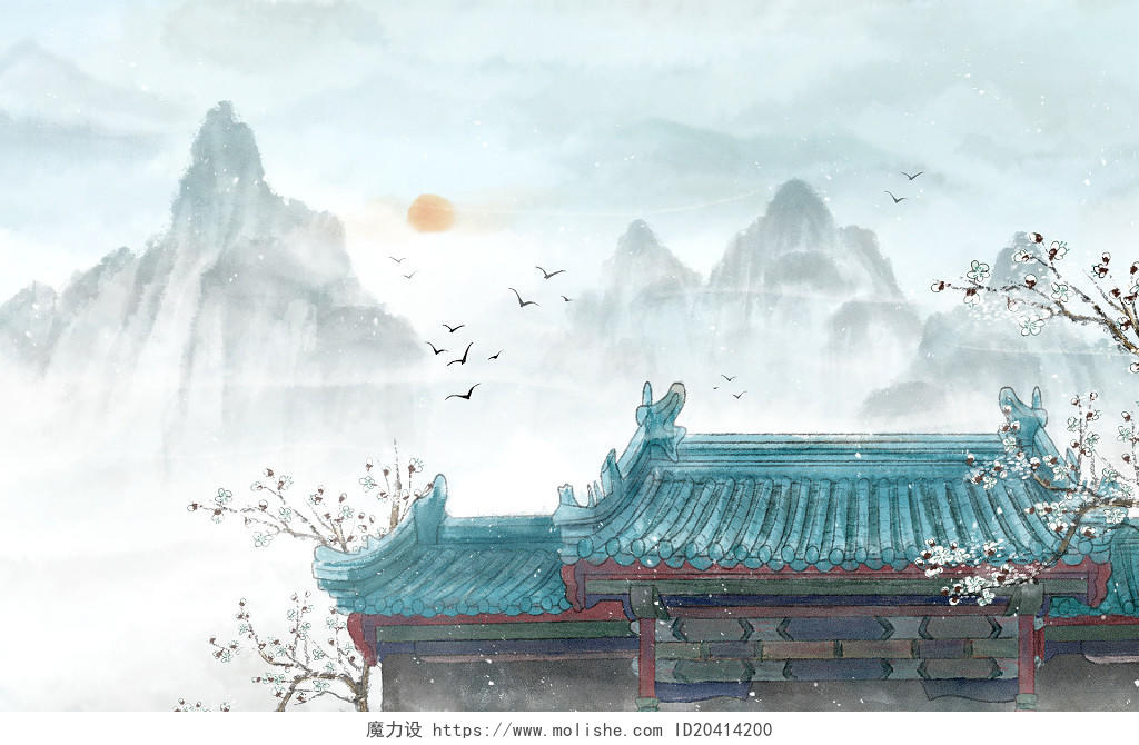中国风中式庭院中式建筑插画海报背景素材